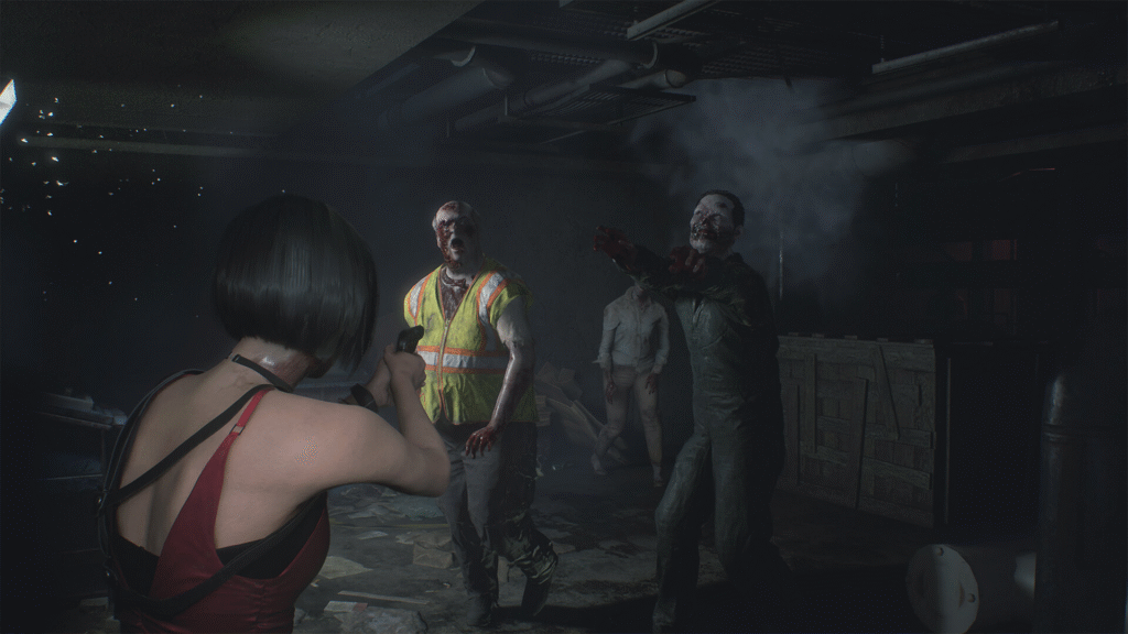 Claire Redfield fighting a zombie in the Resident Evil 2 Remake survival horror game.