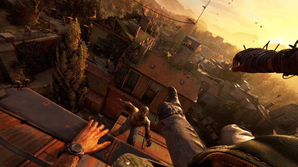 Kyle Crane, the protagonist of Dying Light: The Beast, stands on a rooftop looking out over the vast, sun-drenched open world of Castor Woods and a distant city at sunset.