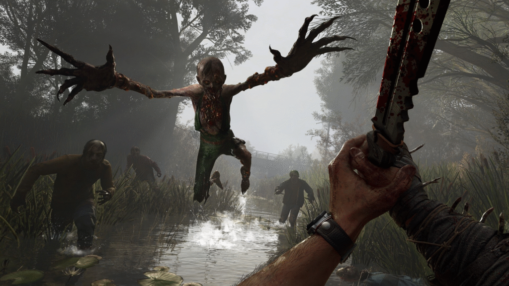 First-person view of a player holding a bloodied machete, confronted by a highly-mutated Infected monster with long, razor-sharp claws leaping out of a shallow swamp or body of water.