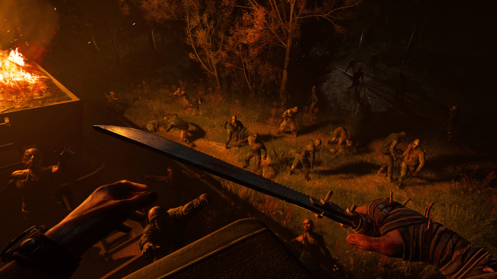 First-person view of a player (Kyle Crane) holding a large machete, looking down from a high ledge onto a large horde of infected zombies gathered in the darkness below, illuminated by fire and the glow of night.