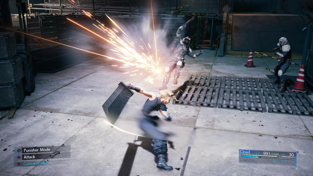 Cloud Strife and AVALANCHE members fighting a boss in the Final Fantasy VII Remake.